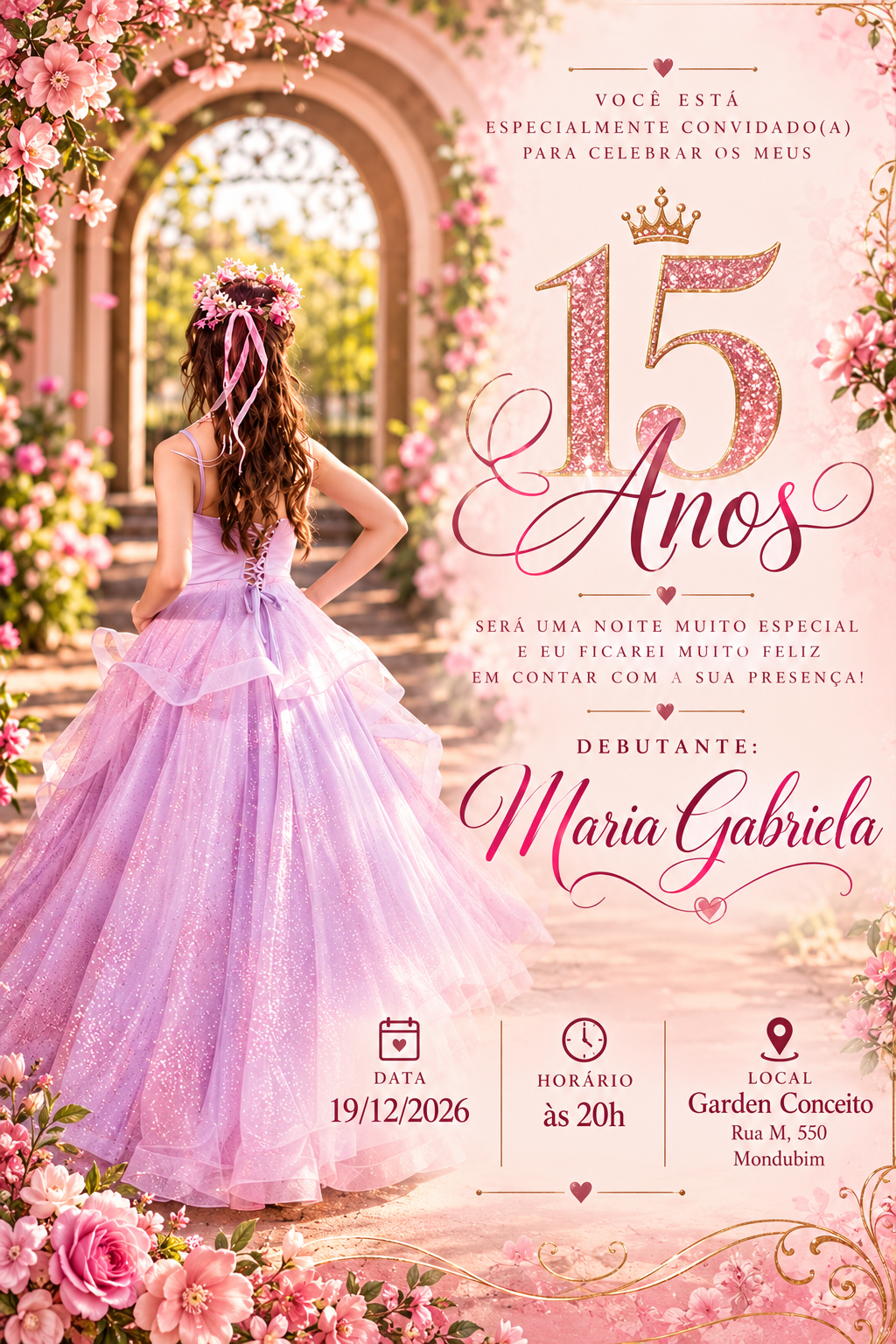 Convite de 15 anos de Maria Gabriela, 19 de dezembro de 2026 às 20h, Garden Conceito, Rua M, 550, Mondubim